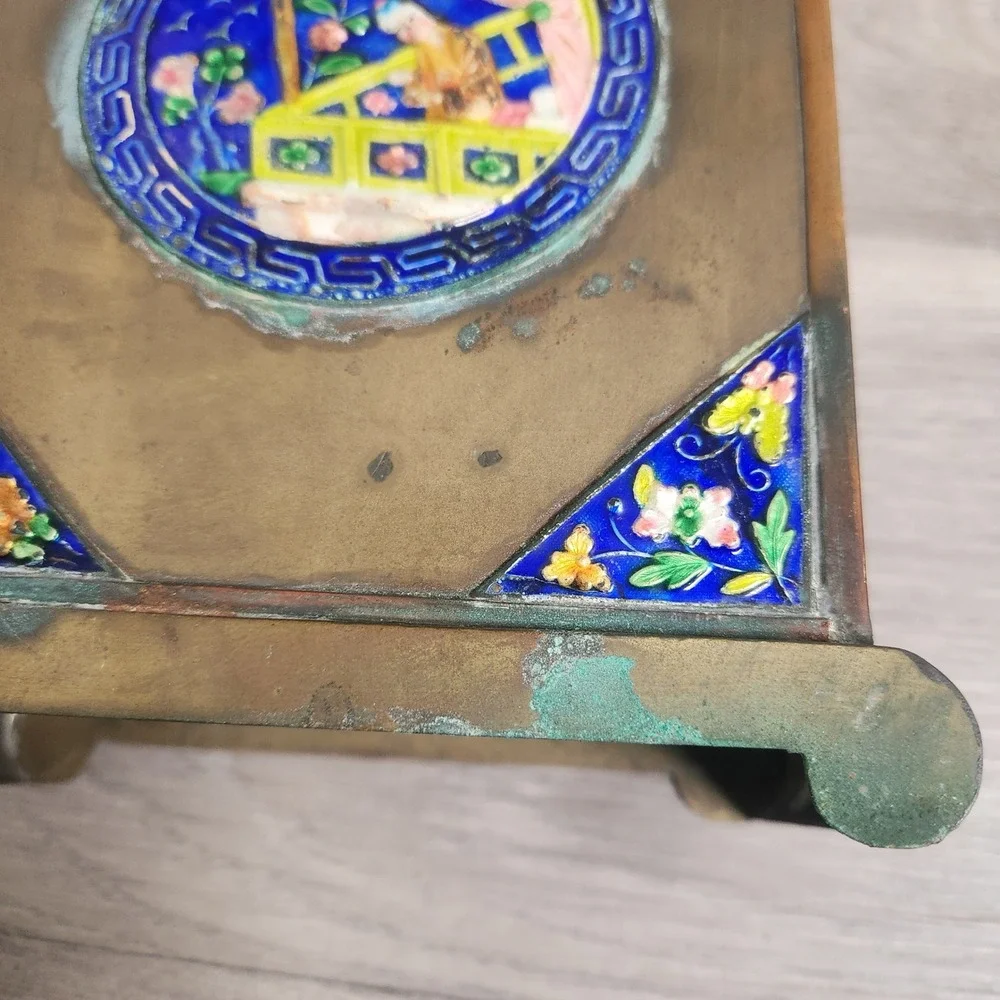 Antique Chinese Cloisonne Enamel Brass Brush Pot‎ Vase Figure Scene Butterfly